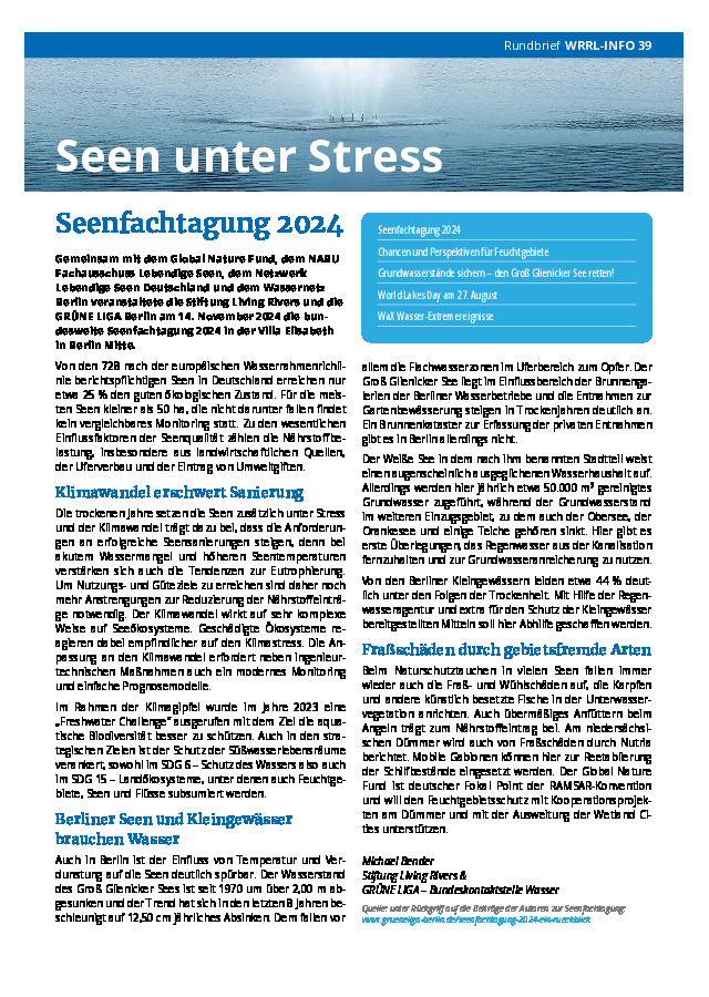 Seen unter Stress - Rundbrief zur Seenfachtagung vom 14. November 2024